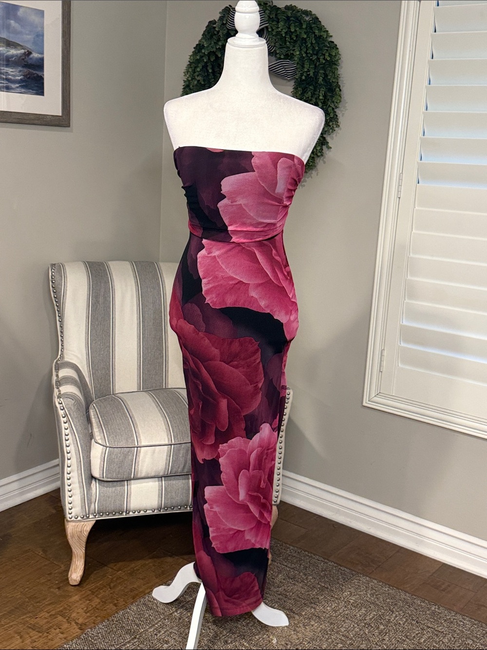 Windsor Strapless Floral Maxi Dress in Berry and Black